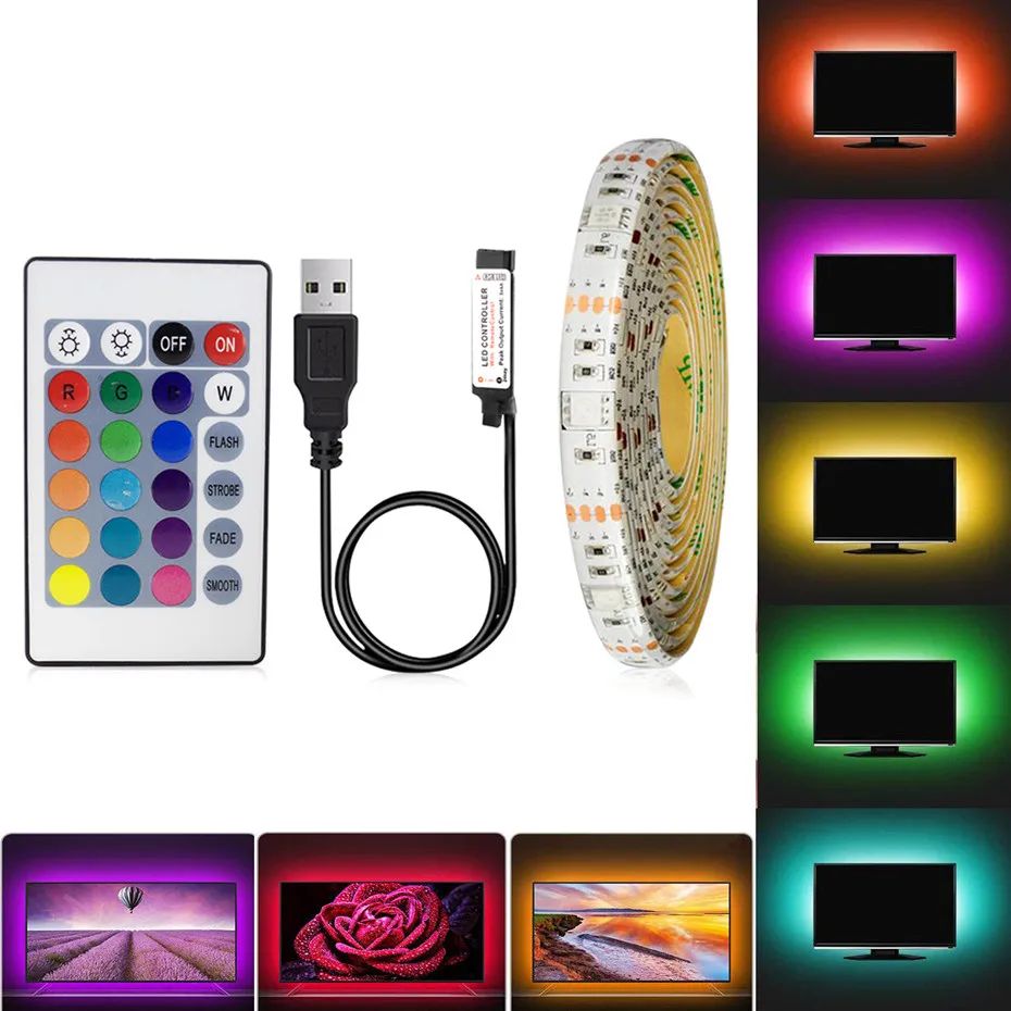 

DC 5V USB LED Strip Light SMD 3528 RGB Tape Remote Control Flexible Ribbon Lamp Adhesive For TV Backlight Decoration Lighting