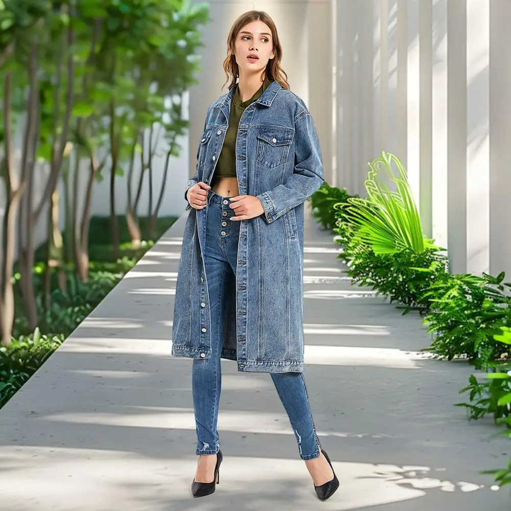 Women Denim Jacket Stylish Women's Retro Denim Jacket with Turn-down Collar Chest Pockets Slim Fit Outerwear for A Chic Look