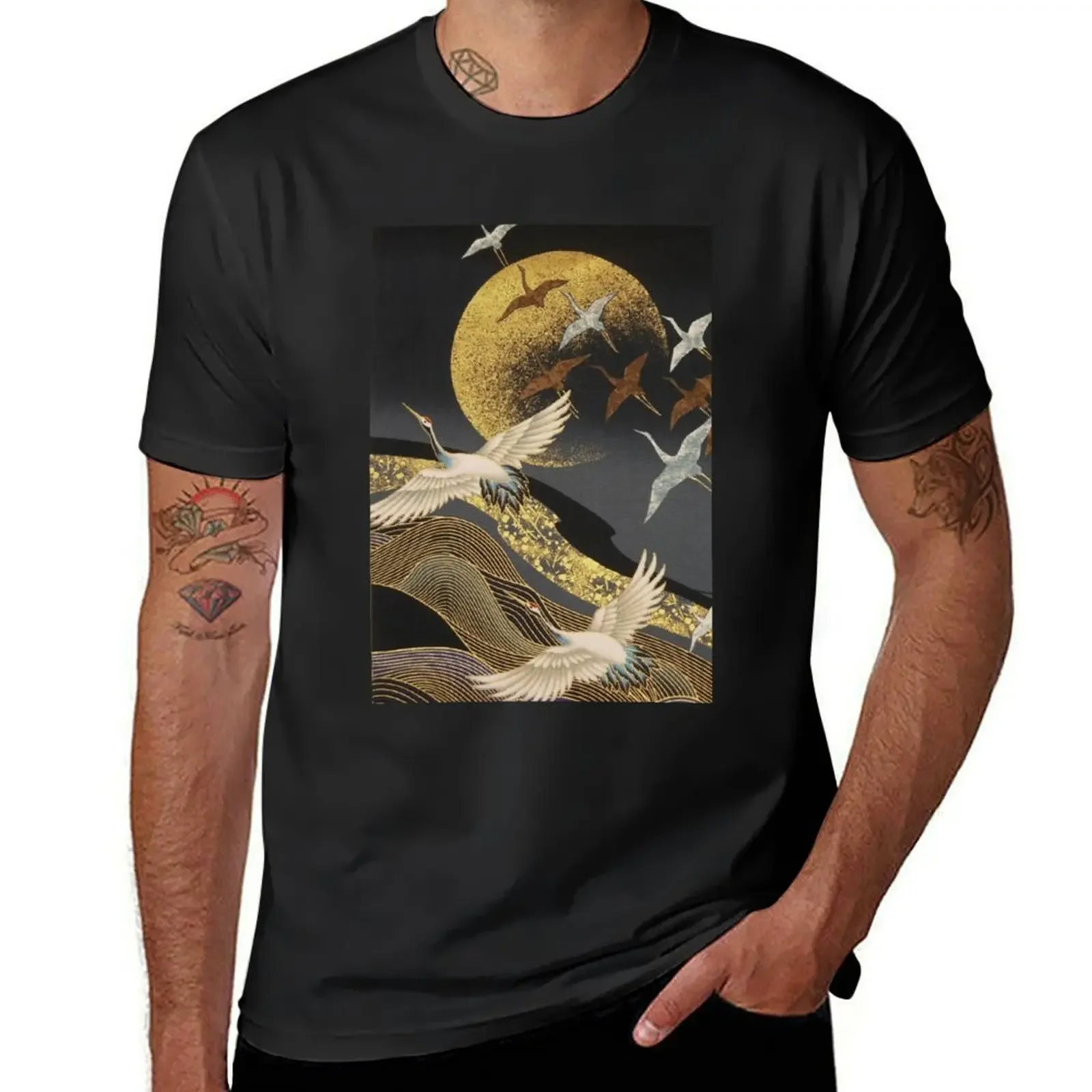 Japanese Cranes flight to golden moon T-Shirt blacks boys whites plain Funny t-shirt mens t shirts top quality