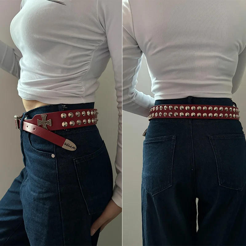 Unisex Cross Jeans Belt FeMale Gothic Accessory Punk Y2k Designer Belts For Women Hip Hop Plus Size Rivet Black Men's Belt Male