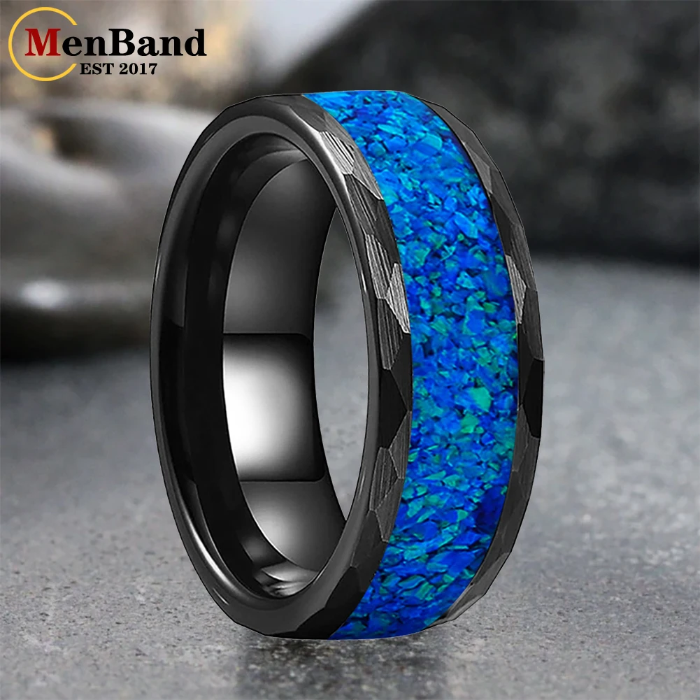 MenBand 8MM negro martillado ópalo verde incrustaciones tungsteno anillos de boda bandas aniversario hombre anillo joyería regalos gratis grabado