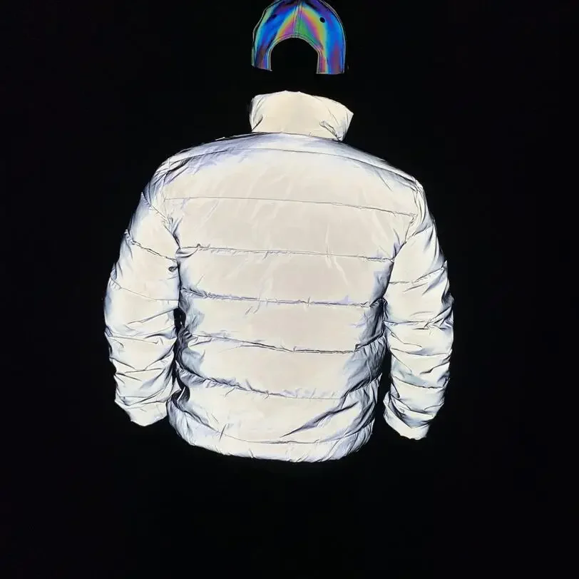 Night Reflect Light Parka New 2026 Reflective Jacket Men Winter Warm Cotton-Padded Coat Harajuku Street Hip Hop Jackets