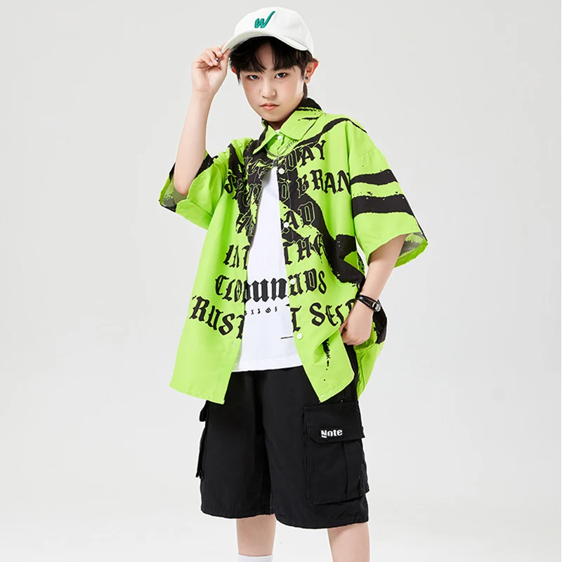 Ropa de calle de verano para niños, camisa verde, pantalones cortos Cargo, trajes de baile de Jazz, ropa de Hip Hop, traje de escenario Kpop, SL10512