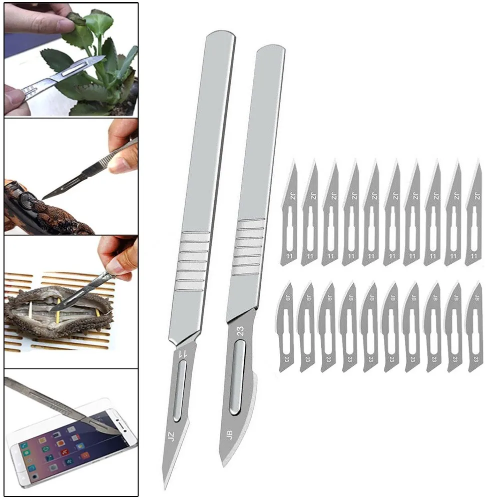 20pc Carbon Steel Blades With 2Pcs Stainless Steel Handle Hand Tools Sharpness DIY Wood Carving Art Craft Cutter Tool Blade