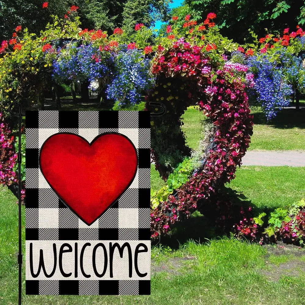 Valentines Day Garden Flag 12×18 Inch Vertical Double Sided Welcome Love Heart Buffalo Plaid Garden Flag, Yard Outdoor Farmh zzo