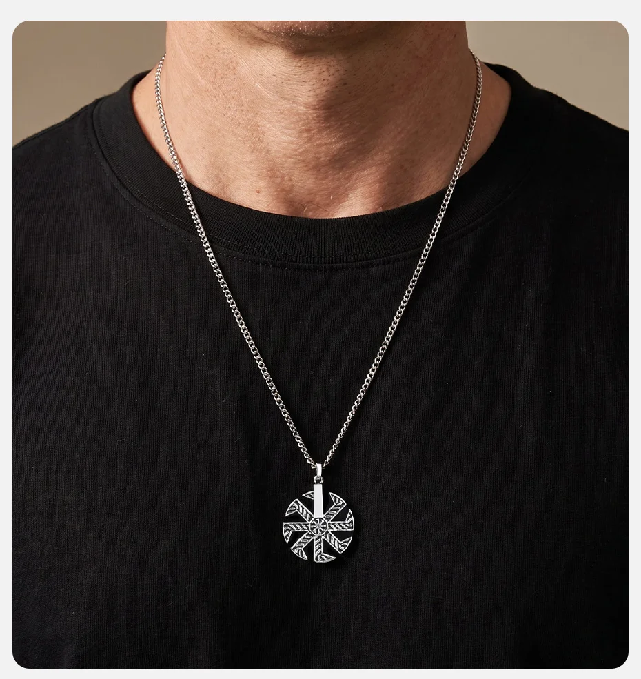Vnox Drehbarer Kolovrat-Anhänger Halskette für Männer, Edelstahl Vintage Slawisches Symbol Amulett 60cm Gliederkette Punk Schmuck Geschenk – Detail 2
