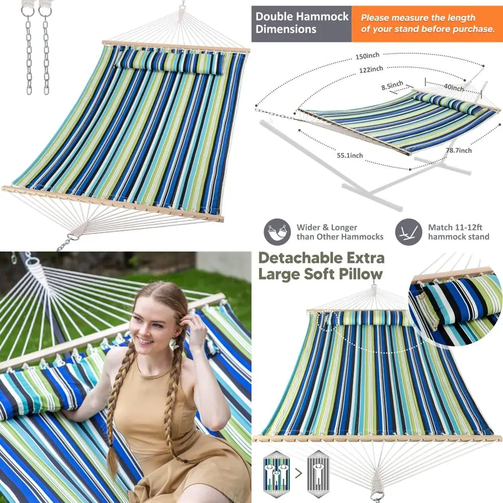 

Double Hammock for Outdoors - Lightweight Tree Hammock, Ideal for Patio, Garden, Backyard, Green Stripes Design