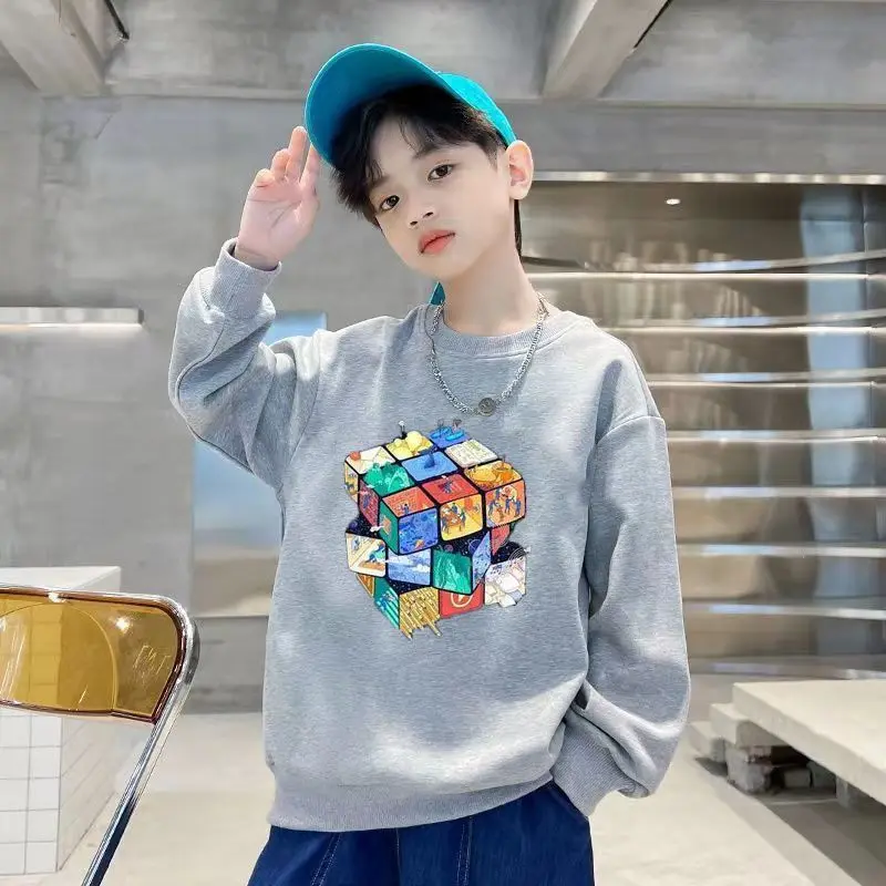 Boys Autumn Spring Cotton Casual Magic Cube Print Sweatshirts 3-14 Years Teenage Kids Fashion Outfits Tops Children Clothes