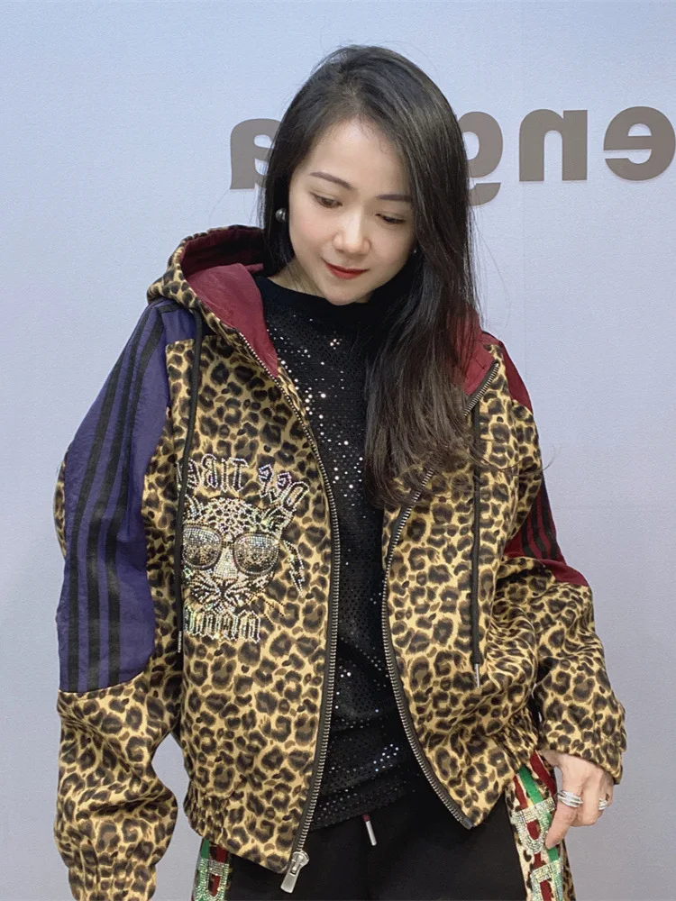 Women Leopard Printed Women Jackets Casual Loose Cartoon Pattern Diamonds Zipper Hooded Cardigan Waistcoat