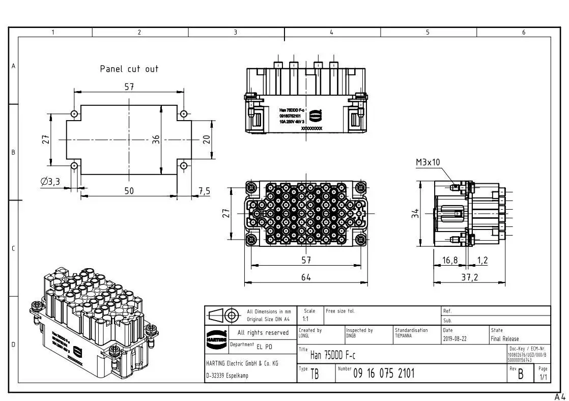 09160752101 HARTING Han 75DDD F-c 75-pin female connector