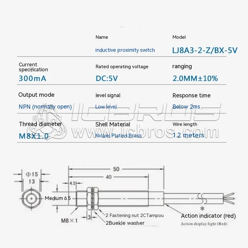 المعادن القرب الاستشعار التبديل ، 51 متحكم ، LJ8A3-2-Z ، BX-5V ، AX ، بواسطة ، AY ، ثلاثة أسلاك ، NPN ، مفتوحة عادة ، 5 فولت