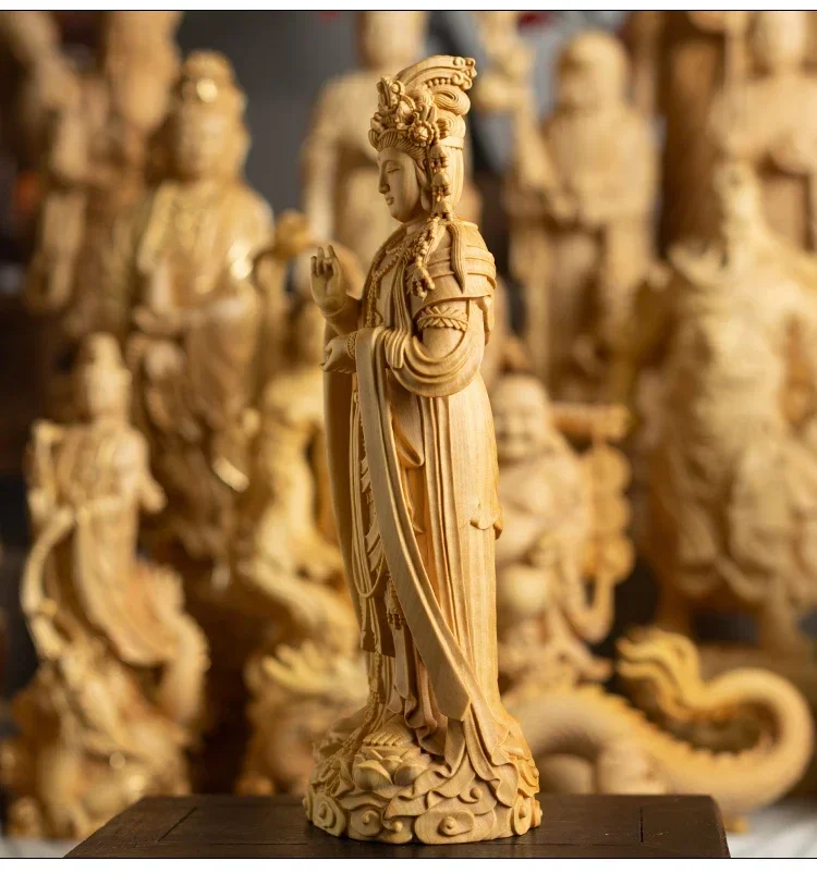 Lobular Boxwood Carving Handicraft Guanyin Living Room Home Worship Guanyin Bodhisattva Collection Ornaments