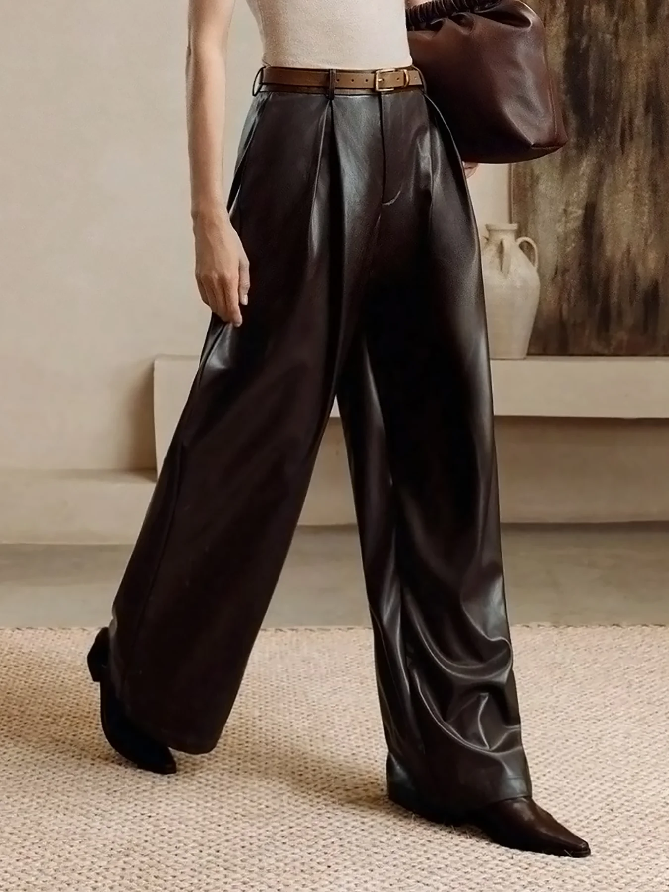 Pantaloni a vita alta a gamba dritta in pelle autunno e inverno da donna, pantaloni con tasche, pantaloni casual ed eleganti 803