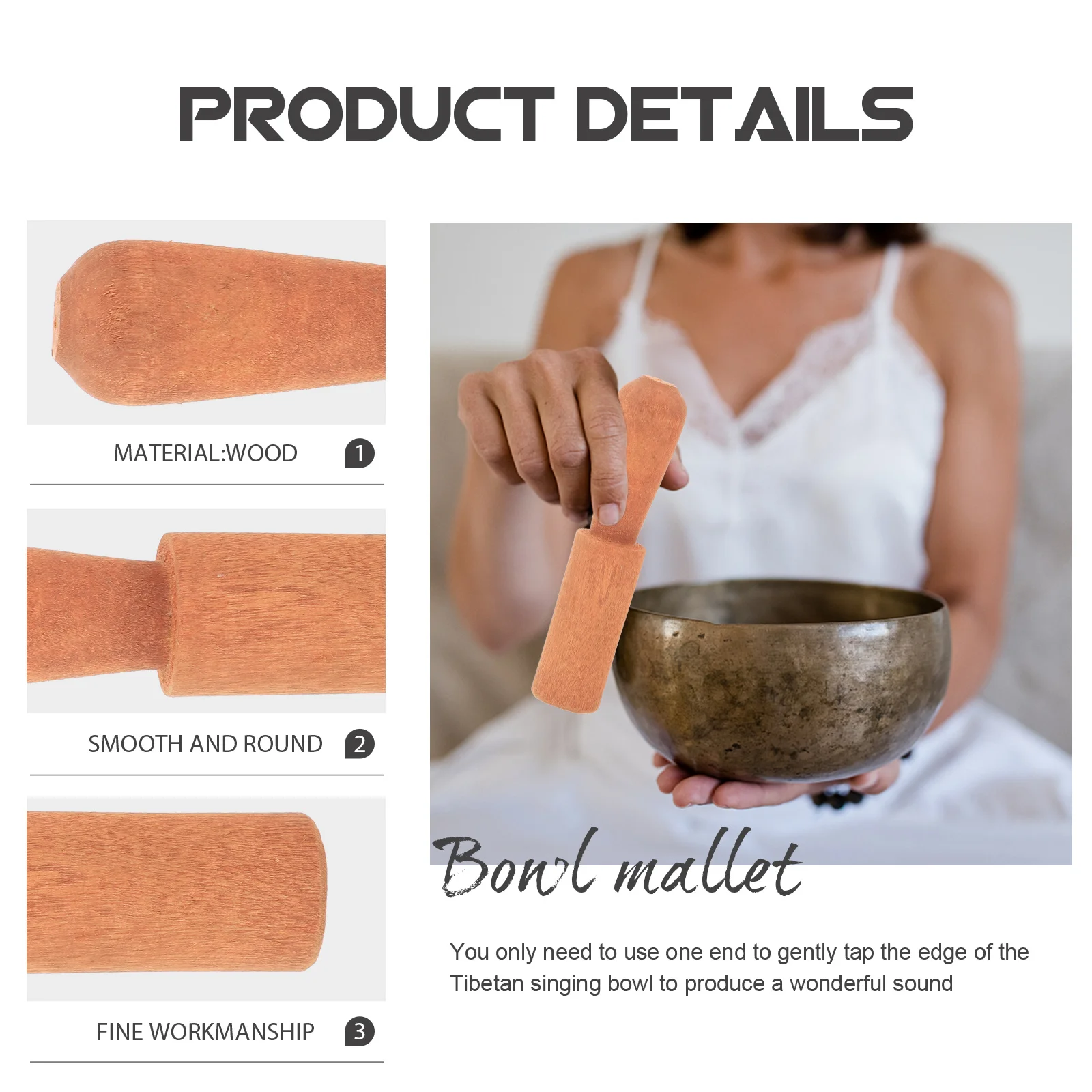 

2Pcs Singing Bowl Mallet Wooden Striker Meditation Tibetan Sound Bowl Stick Natural Peach Wood for Yoga Chime for Classroom