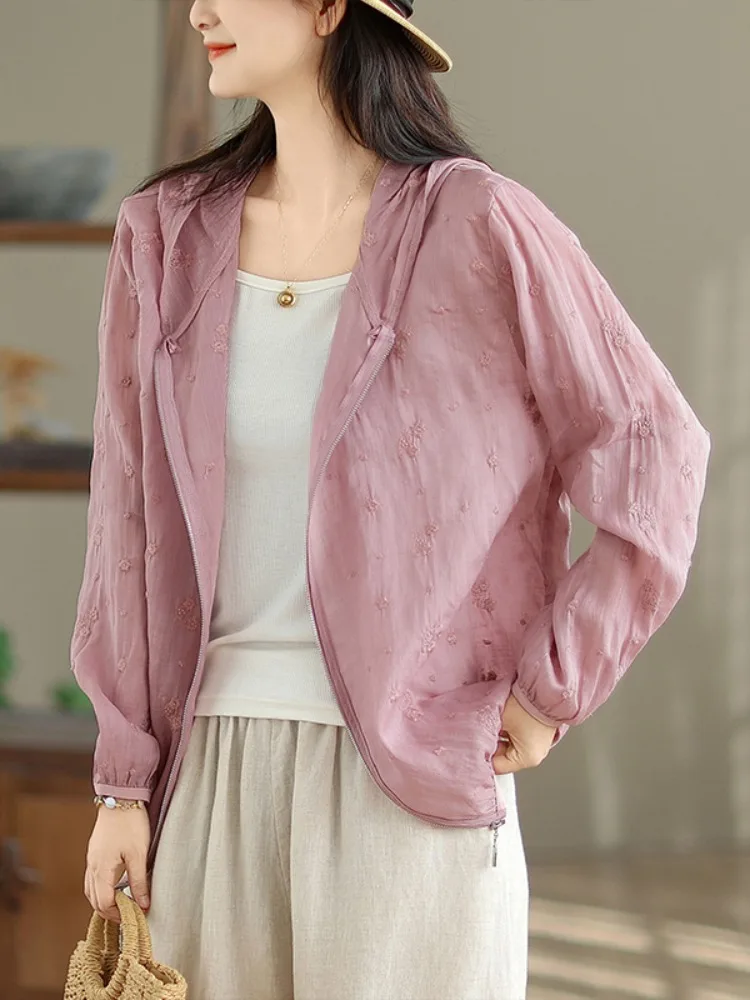 

Новая женская хлопково-льняная вышитая куртка с капюшоном, однотонная простая солнцезащитная верхняя одежда, летняя дышащая свободная посадка, длинная све