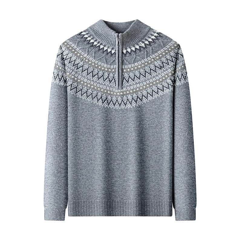100% de lana de Cachemira con patrones Retro para hombre, jersey de lana de oveja a rayas a la moda, suéter de manga larga con cremallera, Jersey, Tops cálidos