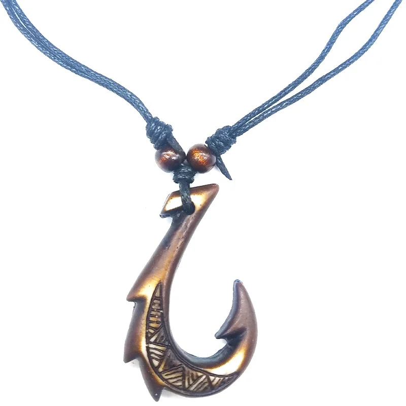 Wholesale 12PCS Hawaiian Hand-carved Maori Fish Hook Pendant Necklace Sailing Necklace Ward Off Evil Nautical Charm