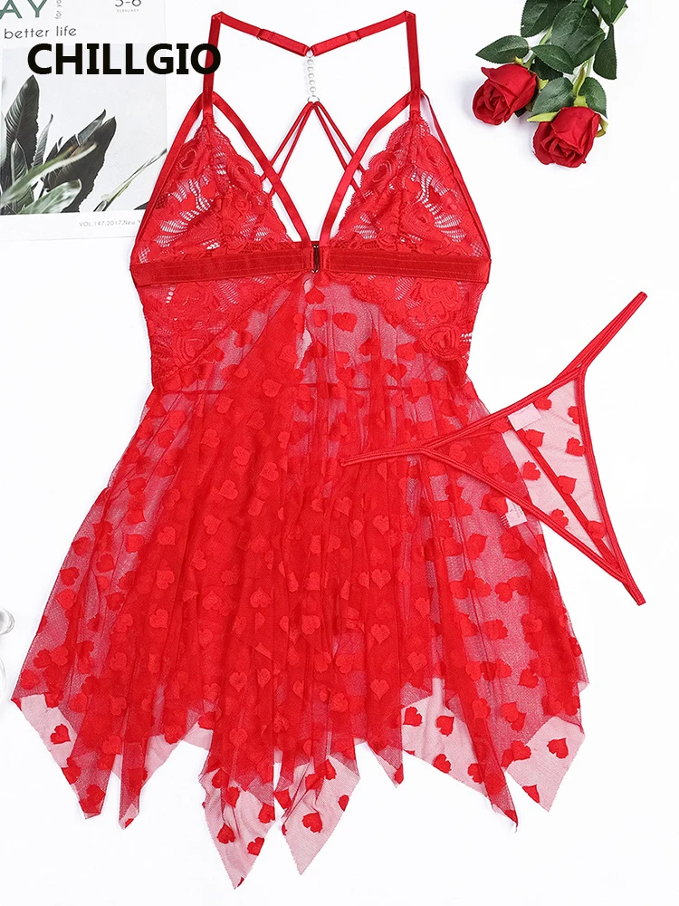 

CHILLGIO Women Intimate Sexi Nightwear Mesh Dress Sets Erotic Lingerie Fasion Irregular Sleeveless Dress Chic Sheer Mini Dress