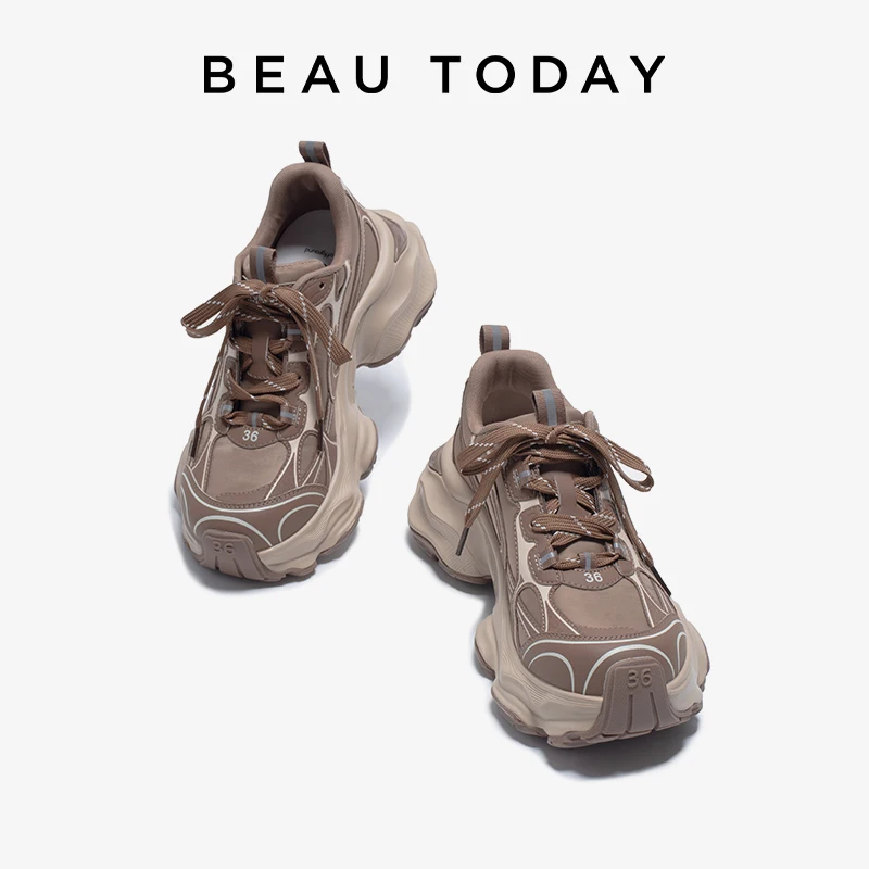 

BEAUTODAY Chunky Sneakers Women Split Leather Solid Color Round Toe Lace-Up Ladies Shoes Handmade OG-B2111A