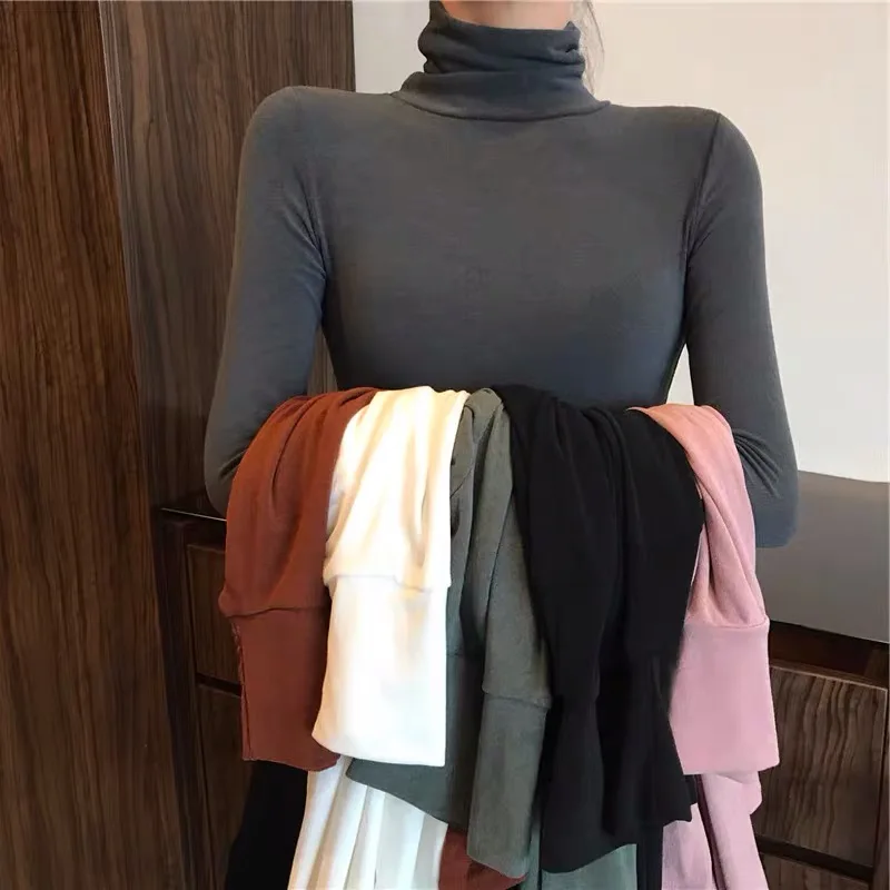 Camiseta larga Sve con forro de Fce y cuello alto para mujer, ropa interior, Top blanco de Color puro para ir al trabajo en otoño e invierno