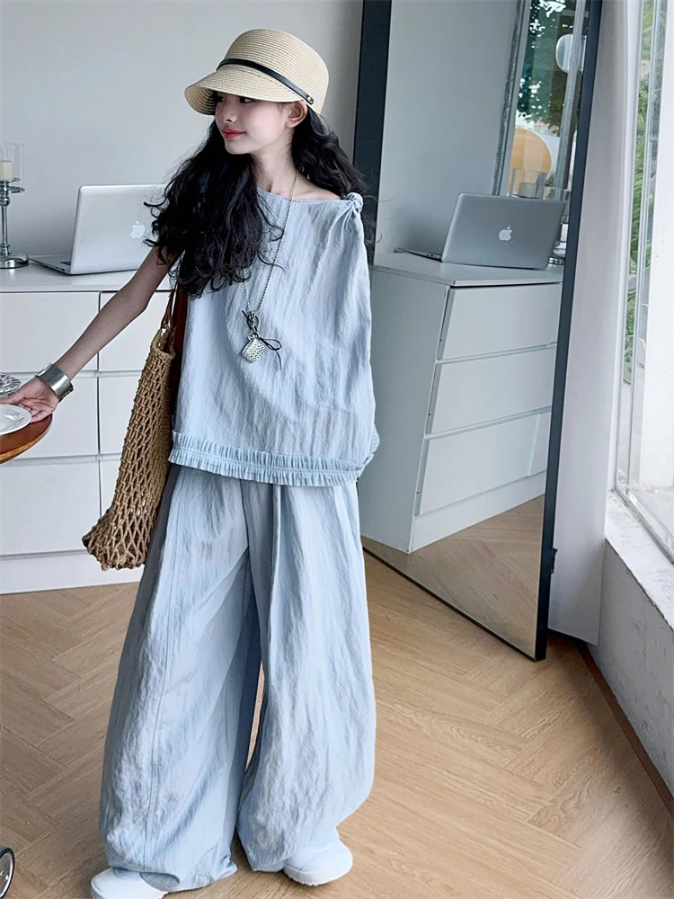 

Girls Summer Outfit Set Trendy Color Vest And Wide Leg Pants Two Piece Set for Big Kids Breathable Lightweight Cotton P...