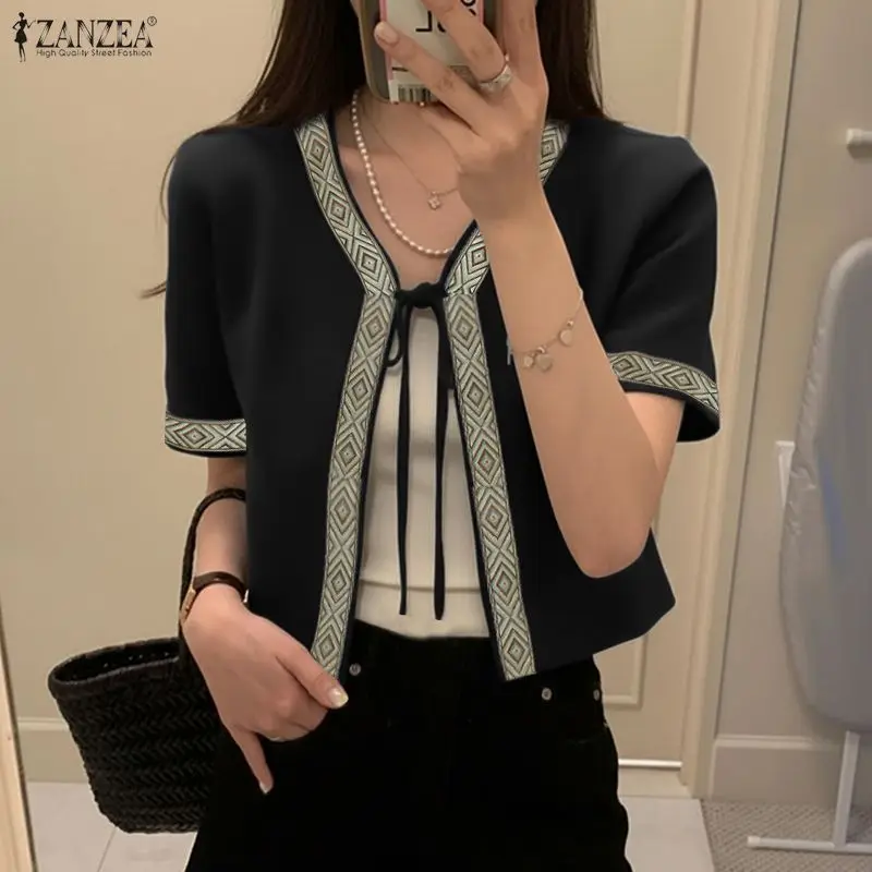 

2026 Summer Cardigan ZANZEA Women Open Front Blouse Elegant V Neck Short Sleeve Slim Tops Cover Up Stylish Lace Up Holiday Shirt
