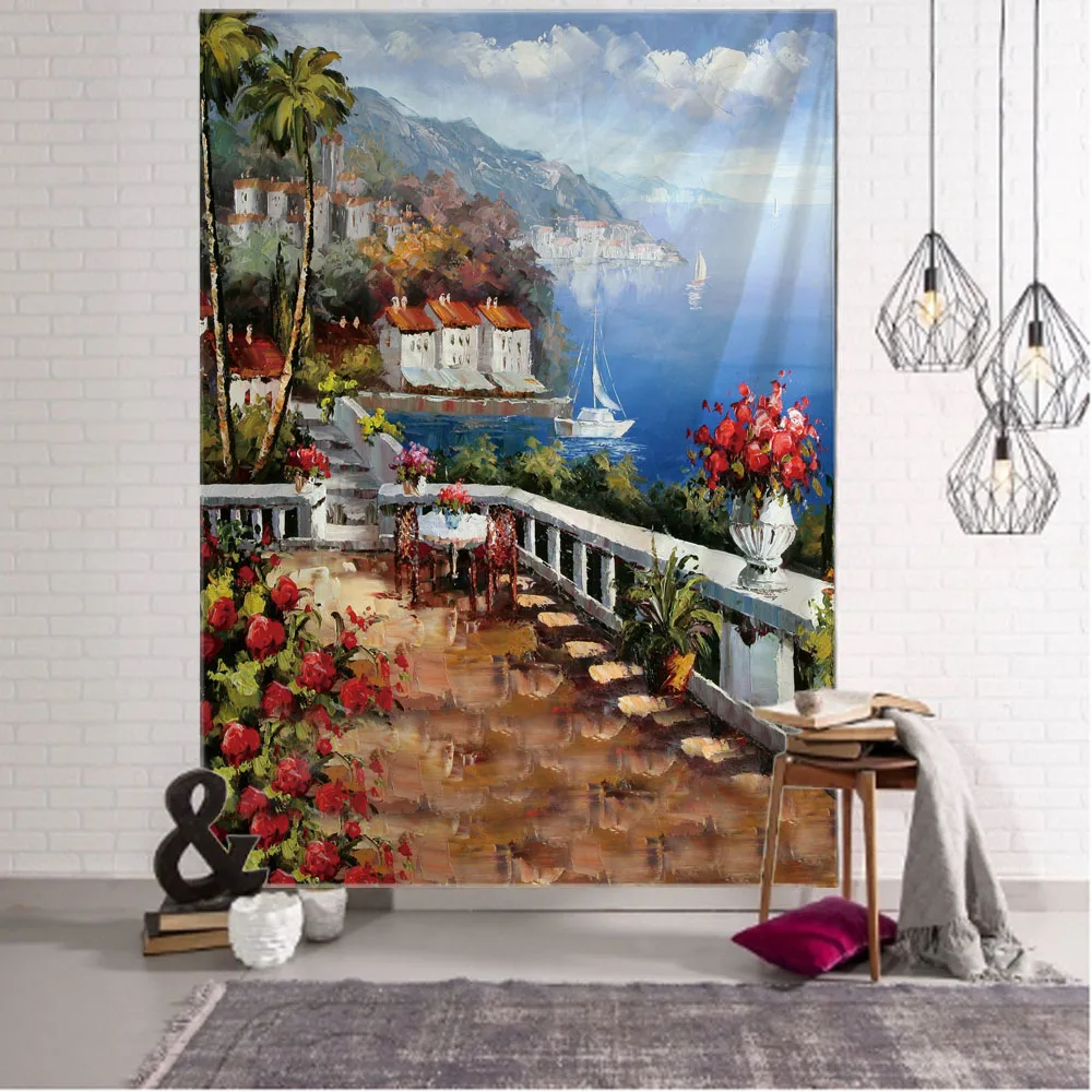 Sea View Retro Aesthetics Oil Painting Tapestry Wall Mural Home Decoration for Living Room Bedroom Office Dormitory