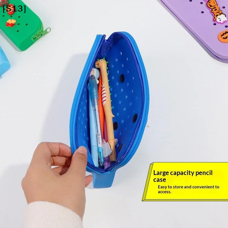 Stylish Holes Silicone Pencil Case Zipper Soft Pencil Pouch Lightweight Waterproof Stationery Storage Bag Classroom[Q]Q@