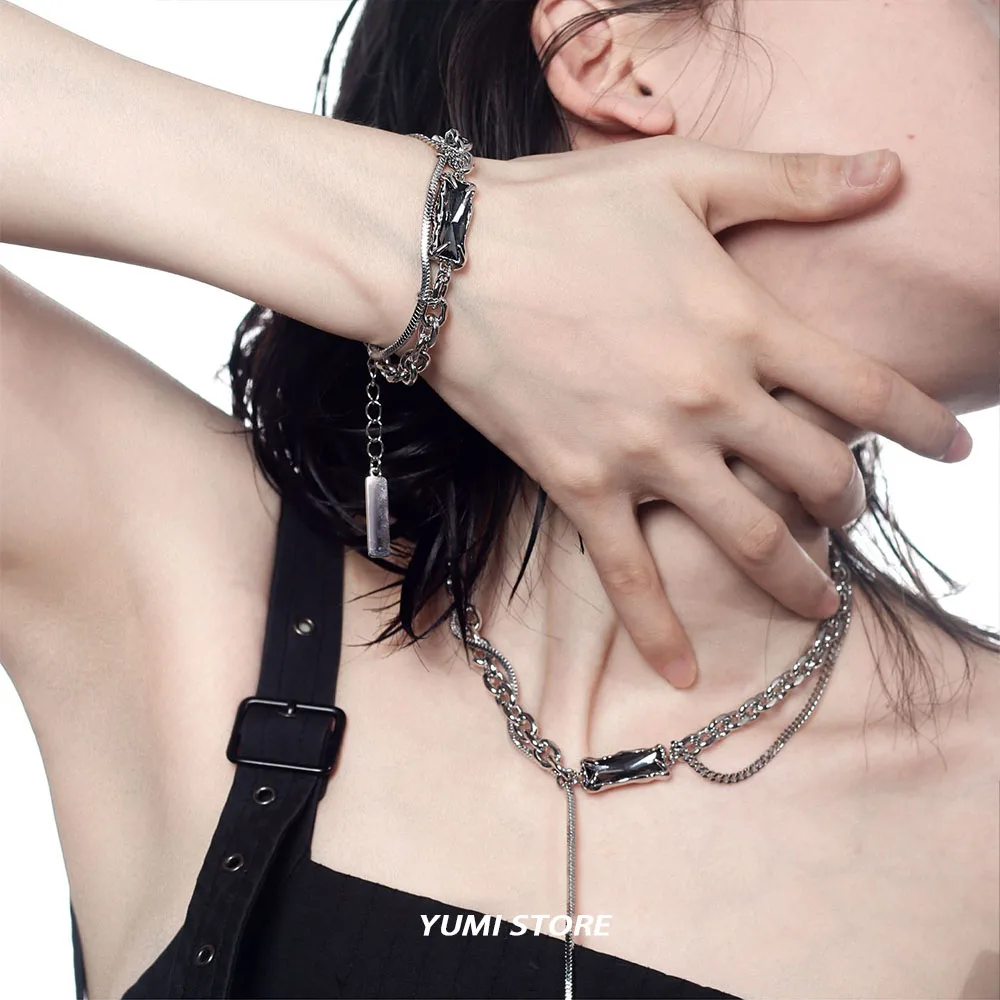 Double Layered Square Tassel Necklace For Man Titanium Steel Clavicle Chain Korean Design Jewelry Kpop Accessories Wholesale