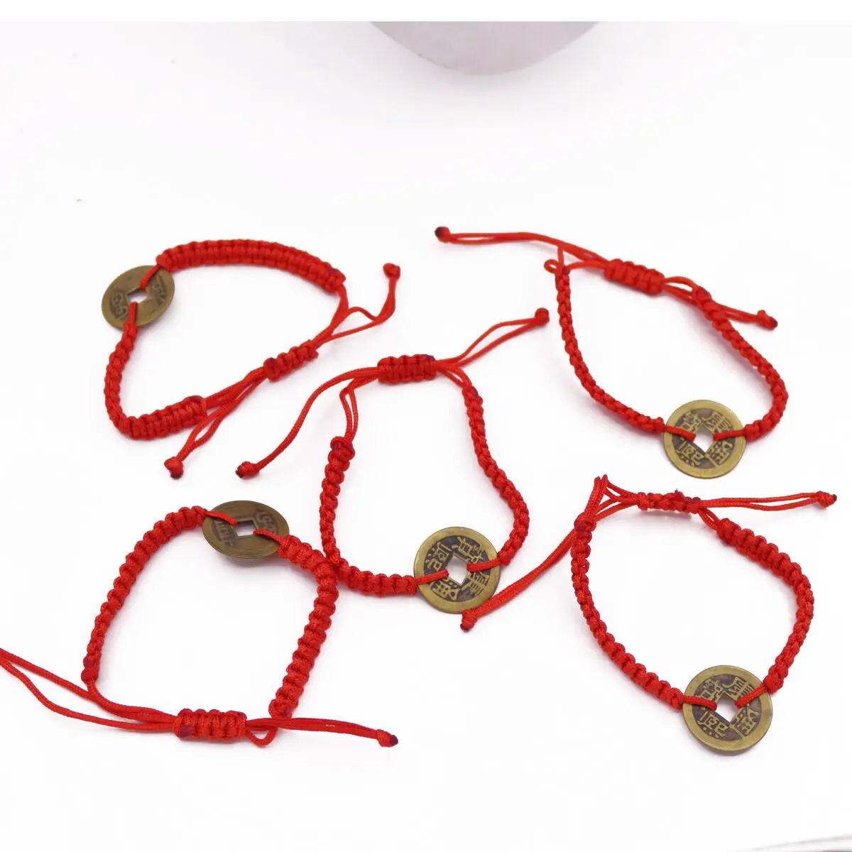 5pcs Knit Red Thread Lucky Fortune Rope 23mm Coin feng shui Bracelet Bangle 7-9