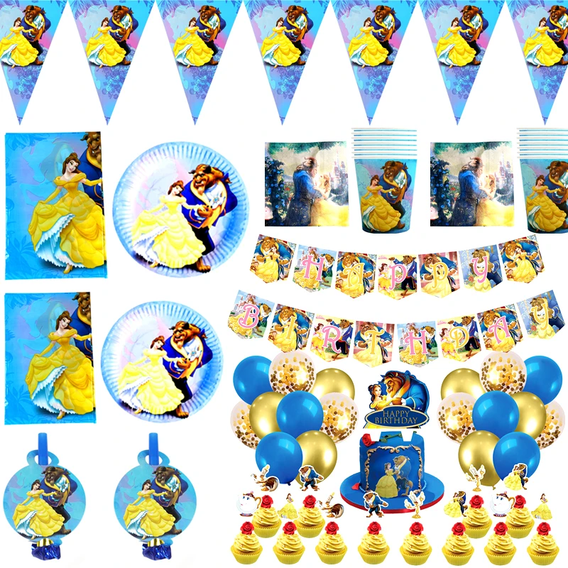 

109pcs/lot Beauty Beast Theme Flags Blowouts Cupcake Toppers Decorate Tablecloth Birthday Party Napkins Plates Cups Balloons