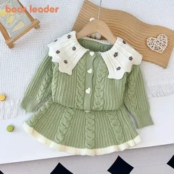 Bear Leader Kids Clothes Girls Winter Knitted Sweater Sets Flower Collar Love Button Cardigan+Skirt 2-piece Children's Clothing