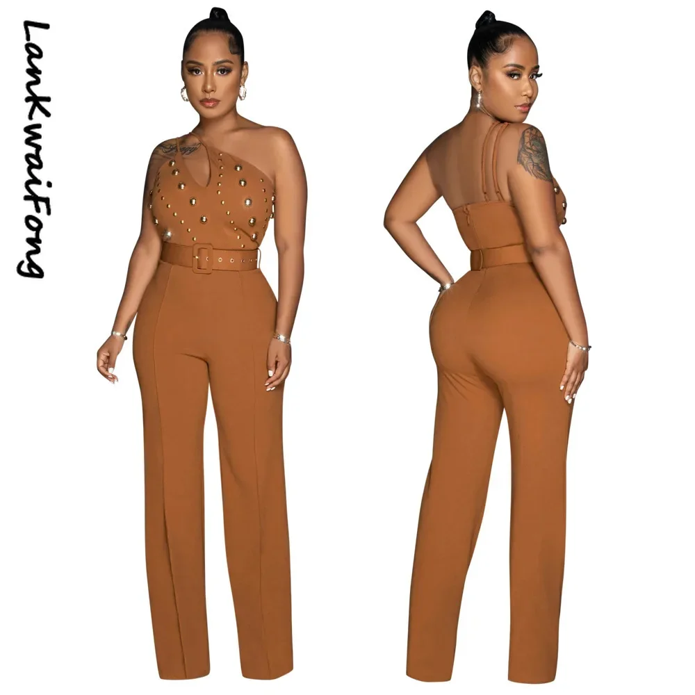 2024 Leisure Party Women\'s Pants Slim Fit One Shoulder Off Back Solid Color Beaded Sexy Elegant Jumpsuit