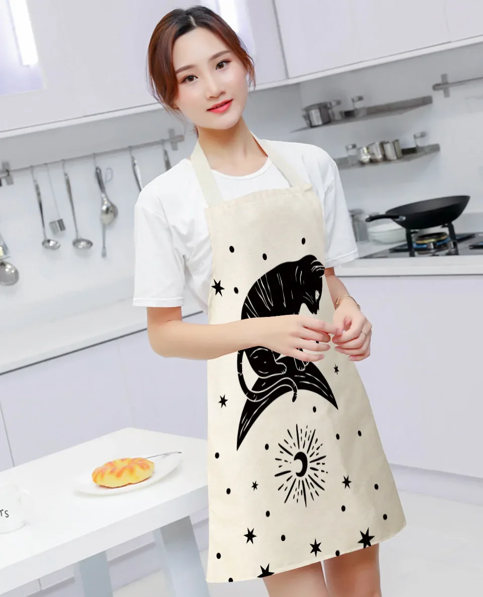 Black Cute Cat Printed Kitchen Cooking Baking Aprons 55x68cm Sleeveless Cotton Linen for Women Man Home Delantal Cocina