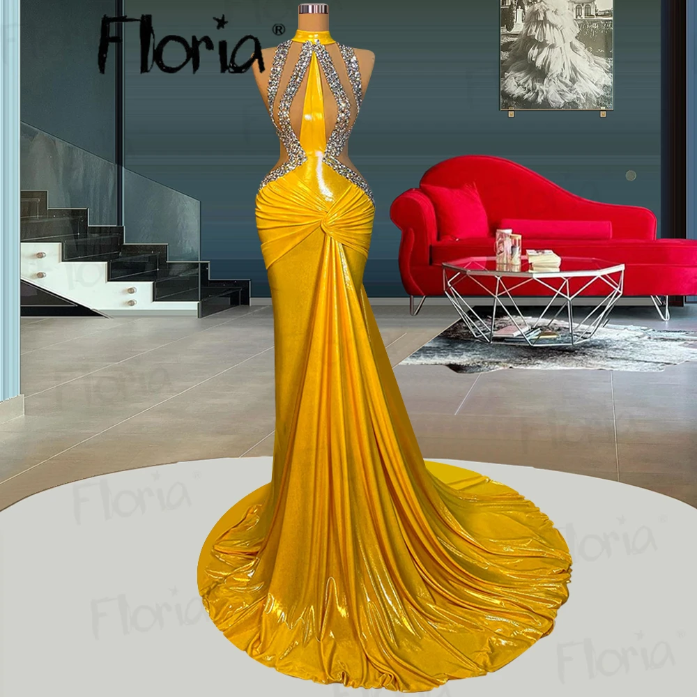 Haute Couture Illusion Party Dress Africa Yellow Cocktail Night Dresses Birthday Pageant Prom Dresses Celebrity Red Carpet Dress