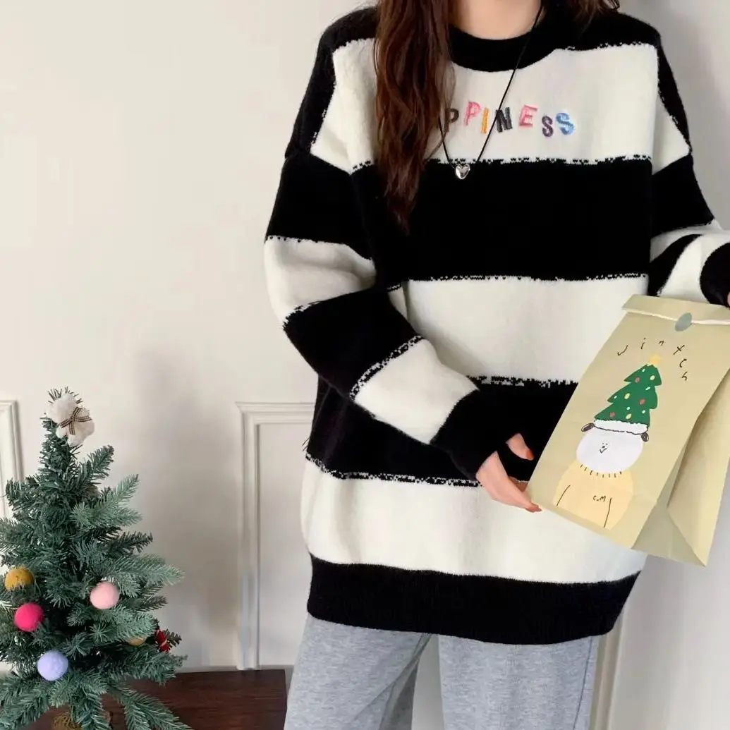 

Hsa Black and white striped soft waxy sweater for women autumn and winter sweet Happines sweater thickened loose outer wear