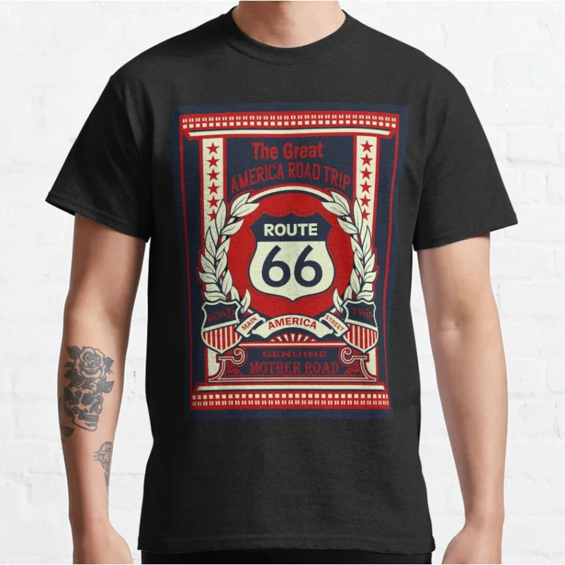 

0327 Vintage Route 66 Highway Mother Road trip USA Gift T-Shirt for Motorcycle biker 100% Cotton printed Tops Large Size Clothse