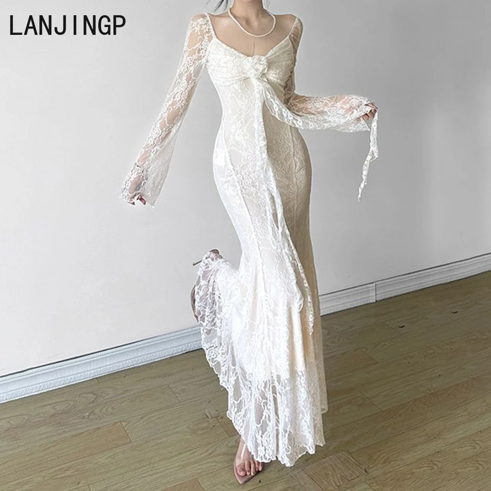 

French three-dimensional flower streamer long-sleeved female pure desire sexy lace waist thin fishtail dress