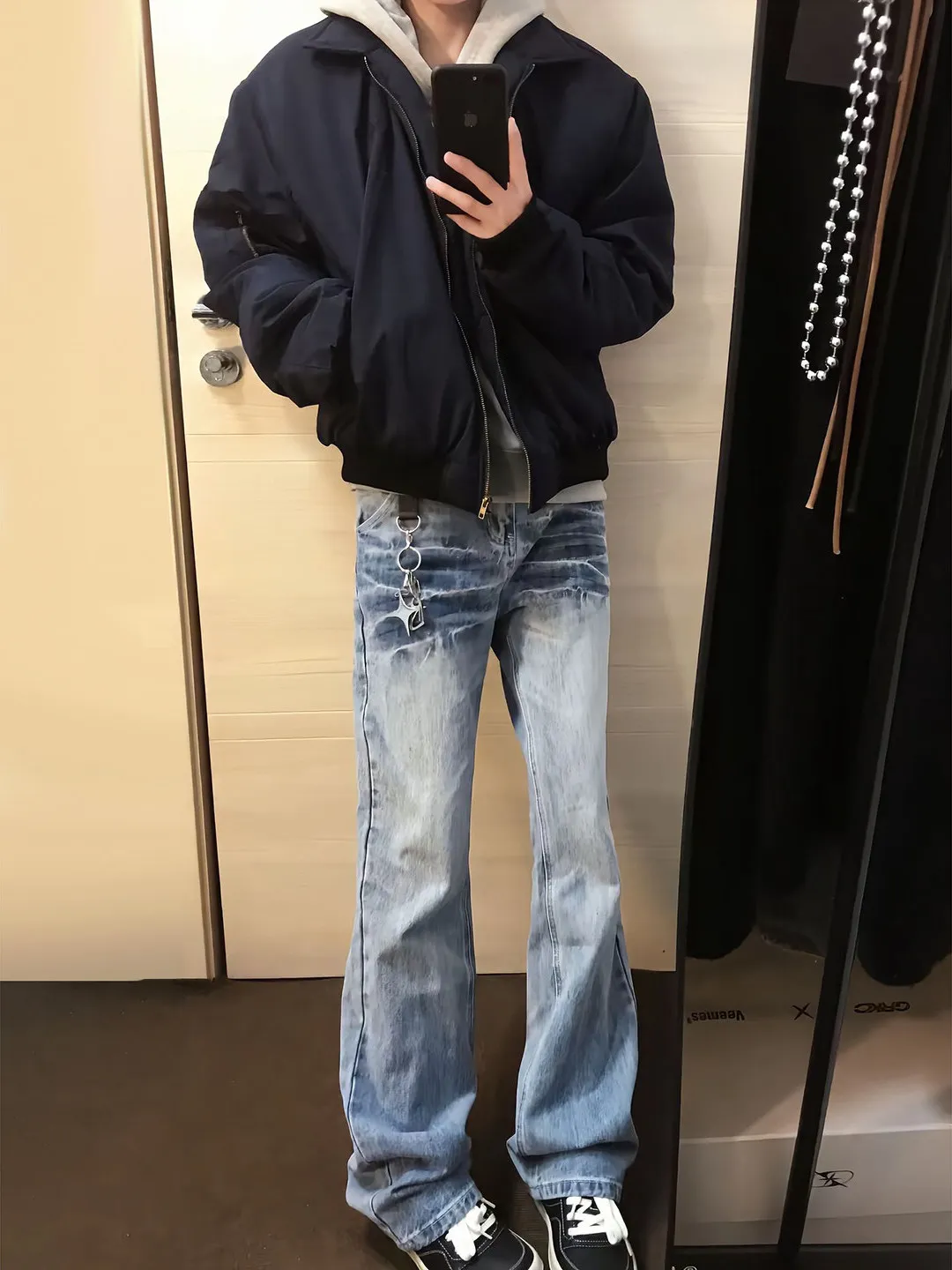 

Retro American High Street Blue Slim Straight Jeans Men Spring Lightning Pattern Cleanfit Slimming Flared Pants