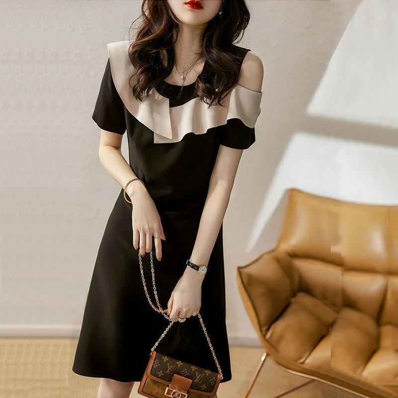 Dress Fashion Woman Summer Short Sleeve Off Shoulder Color Matching Sale Dresses Casual Vestidos Dropshipping HTHAA8817