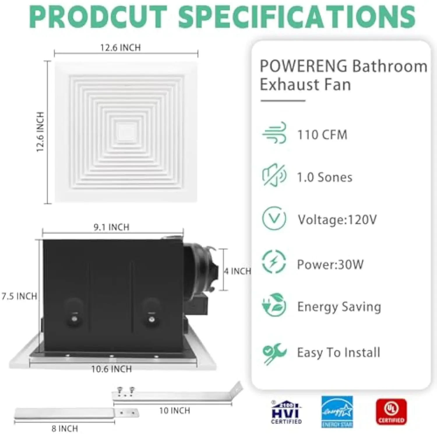 Bathroom Fan Ceiling Mount Exhaust Ventilation,110 CFM 1.0 Sones,4 Inches Duct,White,120V Quiet Ventilation and Exhaust Fan for