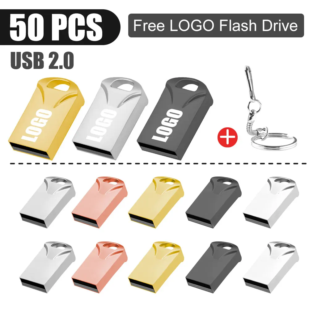 

50pcs/LOT Metal USB 2.0 Flash Drives 8GB High Speed Pen Drive 64GB 32GB with Key Chain Memory Stick 16GB Creative Gift LOGO Free