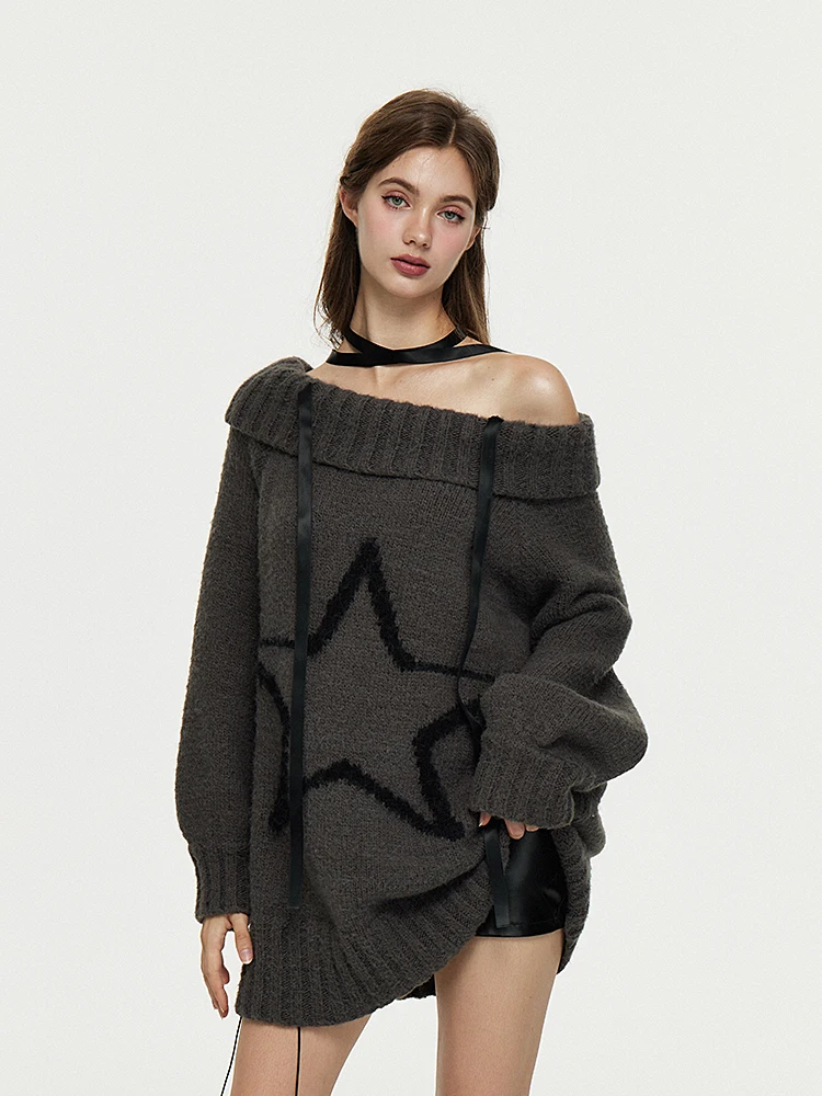 

AE30 Saint вязаный свитер на одно плечо с шелковой лентой и высоким воротником, свободный шерстяной свитер, осень-зима, женский модный повседневный свитер