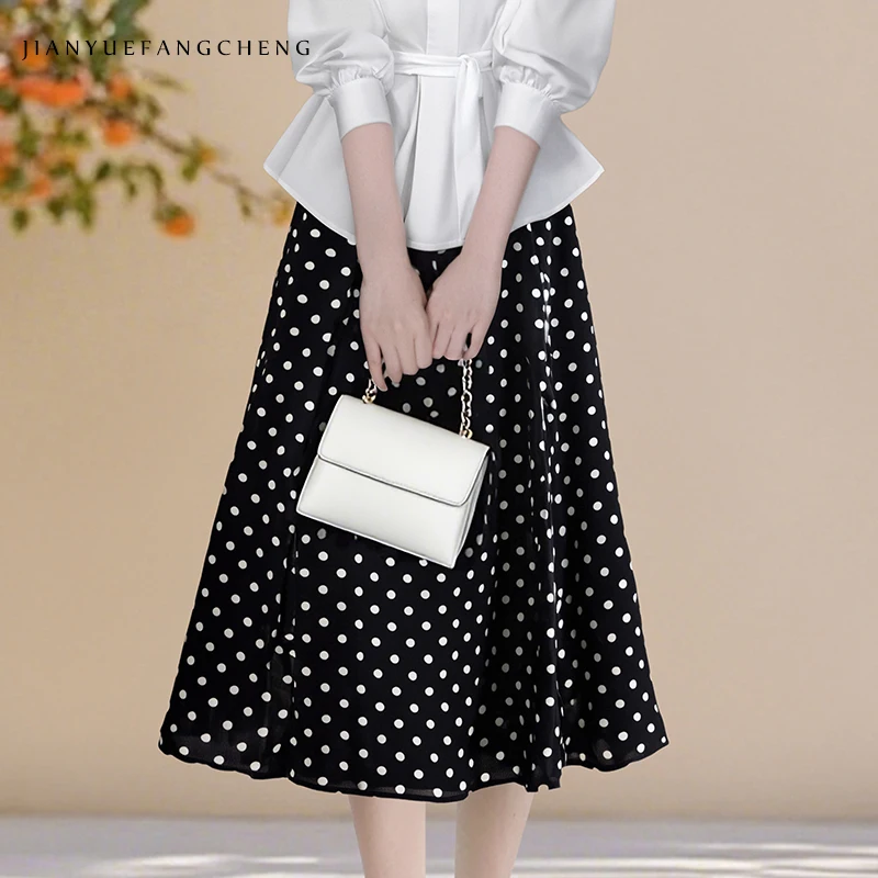 

Женская осенняя новая черная юбка в горошек с эластичной резинкой на талии, элегантные струящиеся распашные юбки средней длины