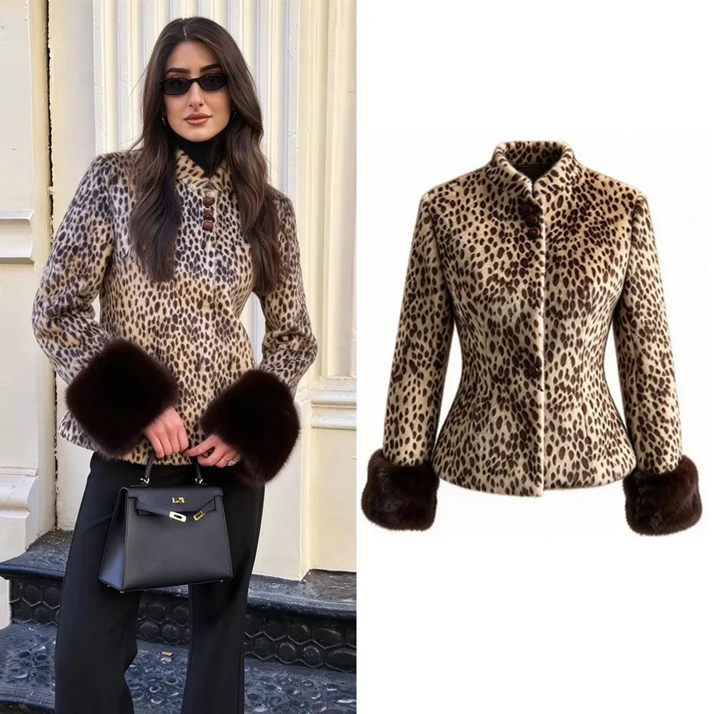 Ladies Sexy Fur Patchwork Autumn Winter Jacket Women Chic Leopard Print Slim O-neck Button Outfits Jacket Coats Female Outwear