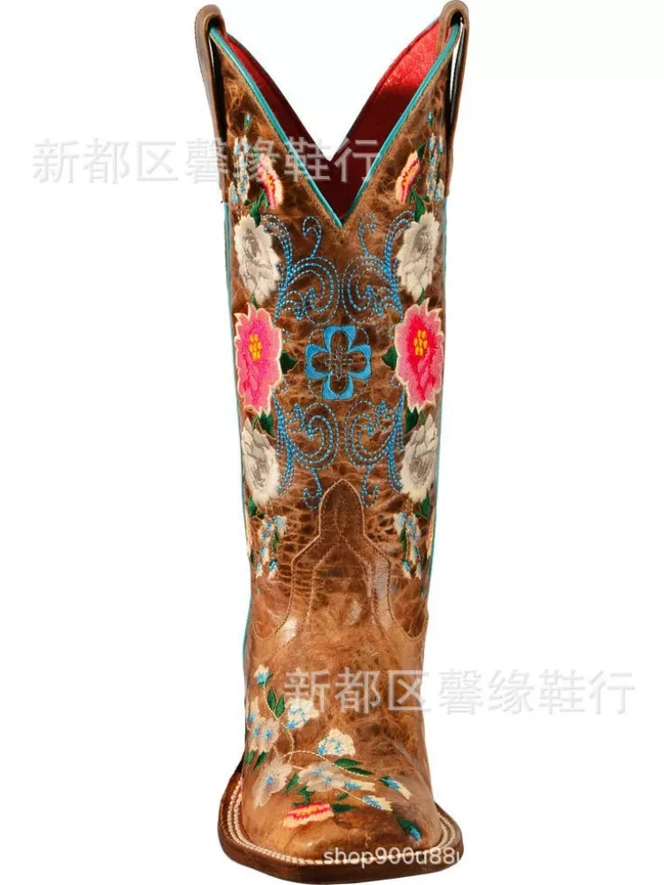 Western Cowboy Embroidered Long Boots for Women In Autumn and Winter Retro Brown Color Pink Flowers Embroidery Boot Shoes