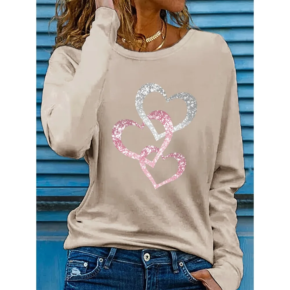Women's Spring and Autumn Loose Casual Fashion Shining Love Printed Round Neck Long Sleeve T-shirt Top Oversized Y2K Streetwear