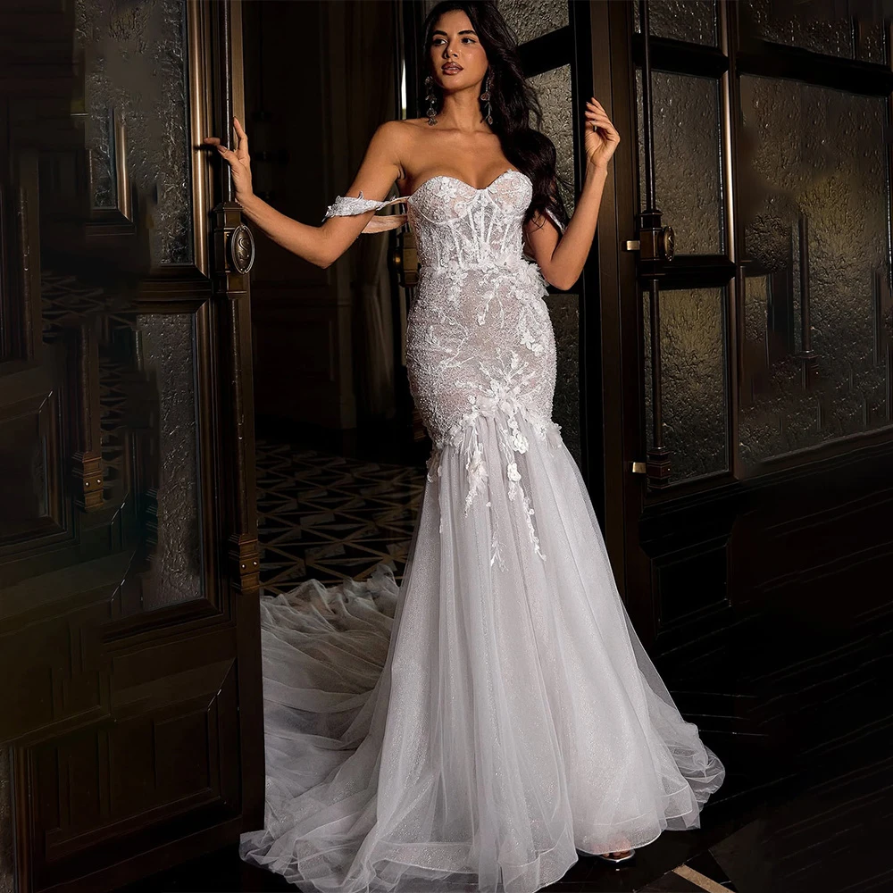 تخصيص BohoWhite الأورجانزا فستان الزفاف مثير الحبيب قبالة الكتف فستان زفاف لينة حورية البحر ذيل شابيل رداء دي mariée #3