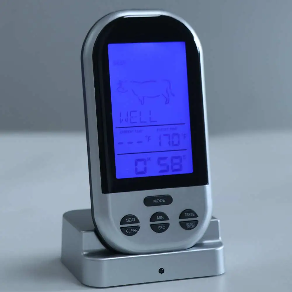 

Silver Wireless Digital Meat Thermometer Remote Temperature Control with Probe BBQ Thermometer with Timer Alarm Food Thermometer