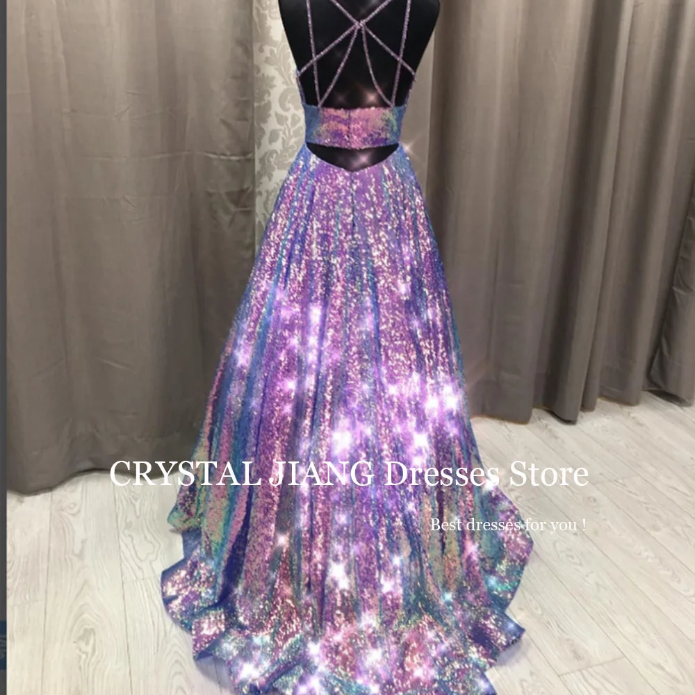 Sexy Long Spaghetti Straps Sequined V Neck Prom Dresses Vestido Festa Sleeveless A Line Sweep Train  فساتين سهرة فخمه 2023